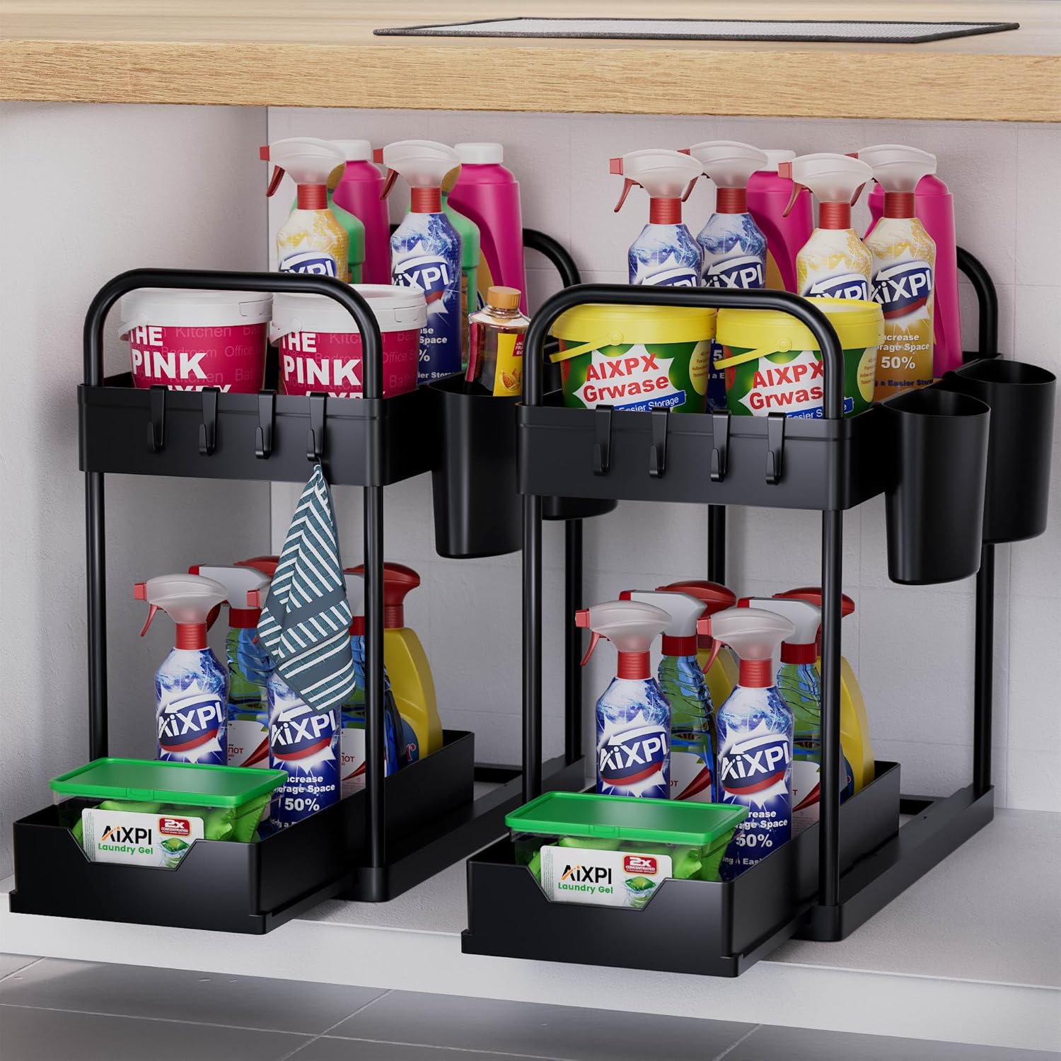AIXPI 2 Tier Under Sink Storage,Under Sink Organiser with Bottom Sliding Basket...