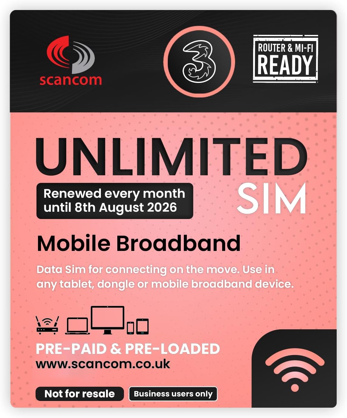Three Unlimited 5G Data SIM - Preloaded Every Month from now until 8th August 20...