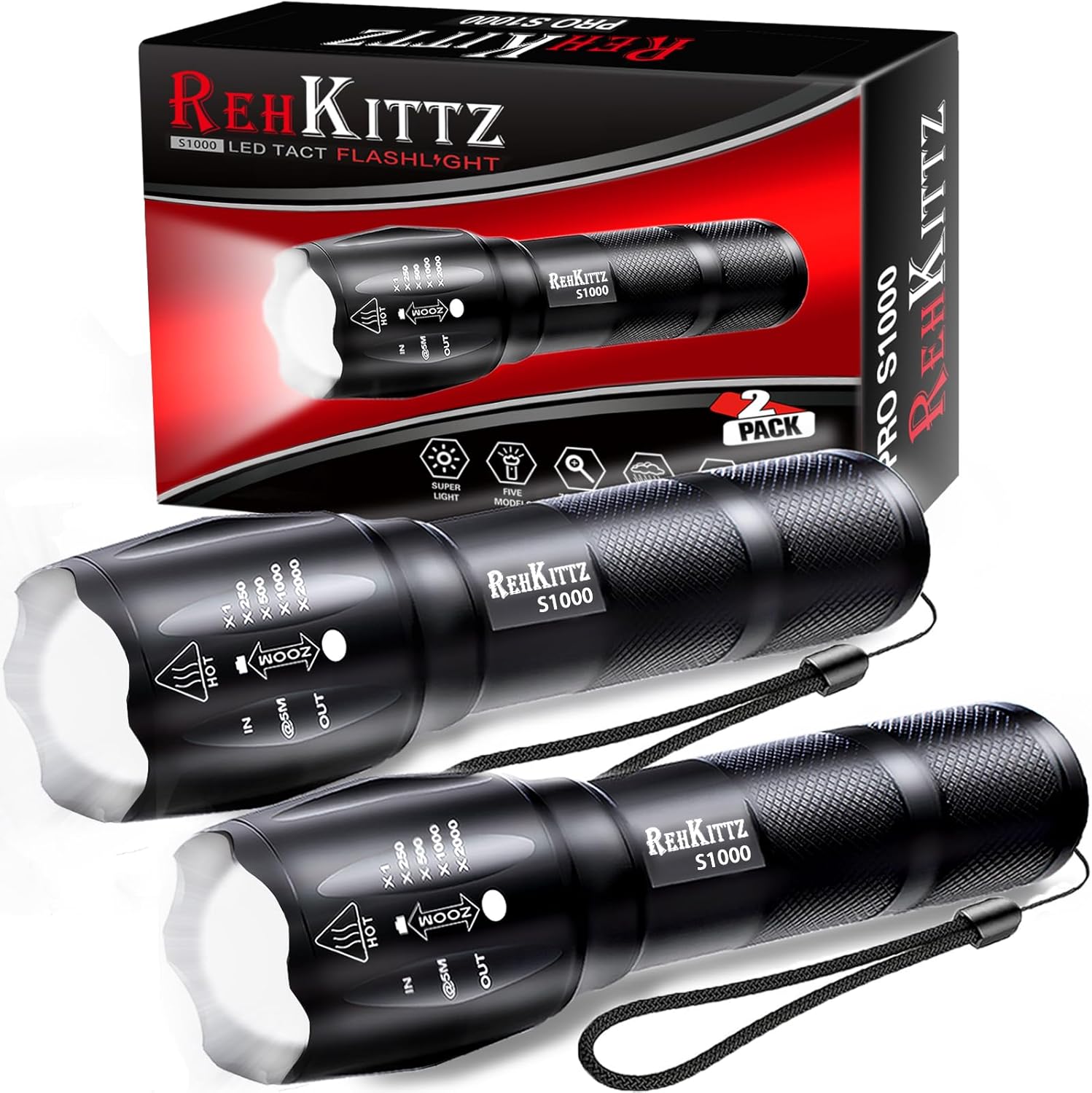 REHKITTZ Torch, Torches Led Super Bright 2000 Lumen (2 Pack), Adjustable Focus T...
