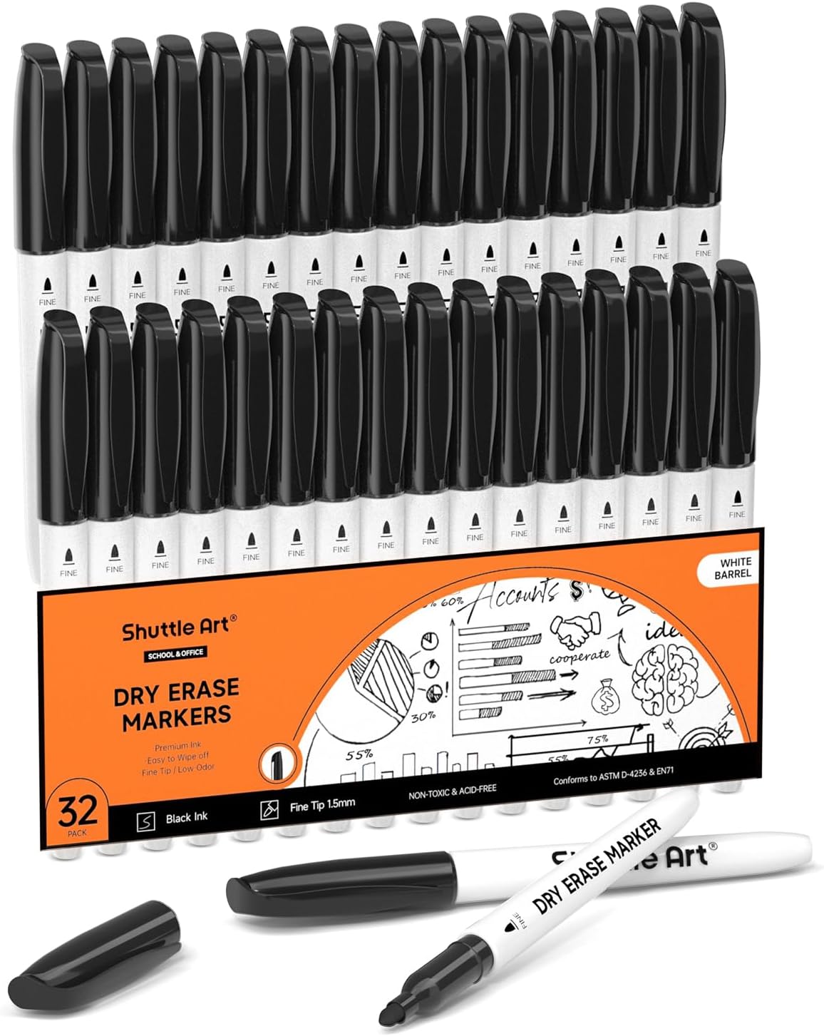 Shuttle Art Dry Erase Markers, 32 Pack Black Whiteboard Markers,Fine Tip Dry Era...