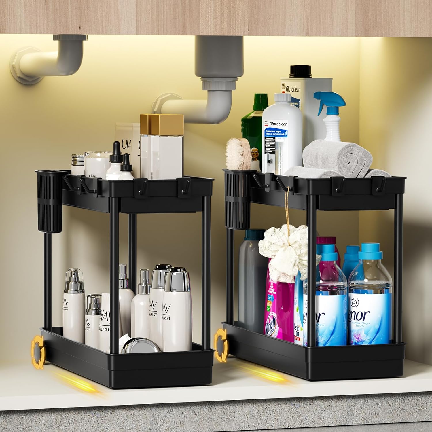 Waretary 2 Pack Under Sink Storage Kitchen Organiser, 2 Tier Slide Out Under Sto...