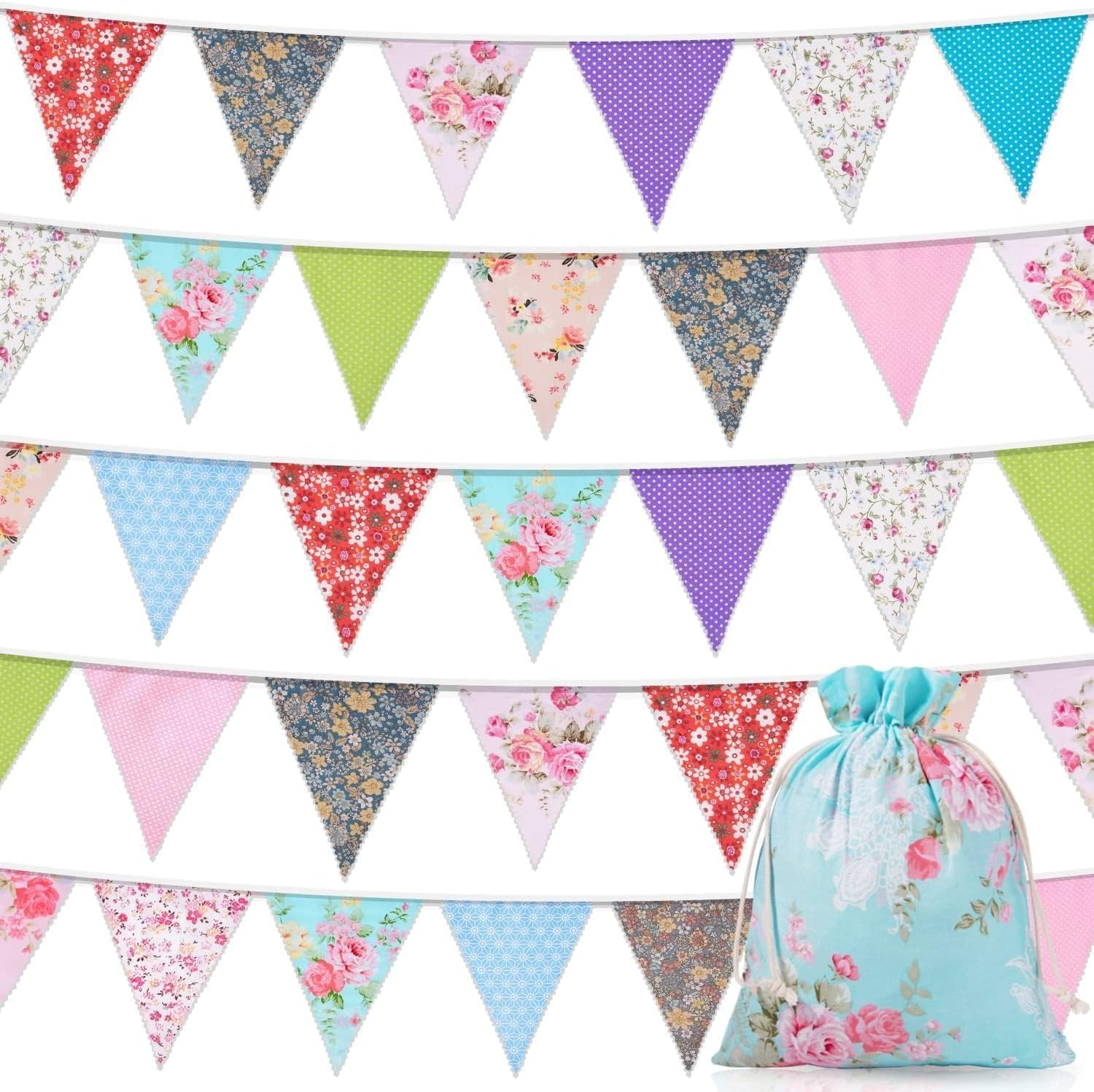 Alintor Fabric Bunting + Drawstring Bag, 46 Flags 45.9ft Vintage Bunting Banner,...