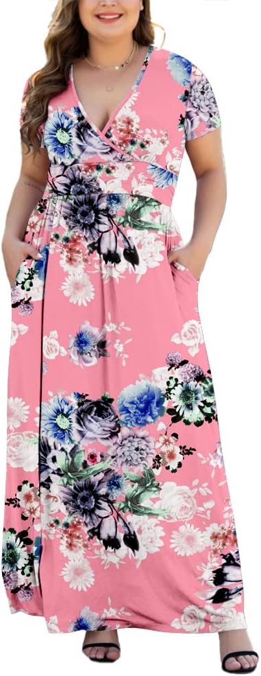 Women's L-5XL Short Sleeve V-Neck Plus Size Maxi Dresses with Pockets 4X-Large P...