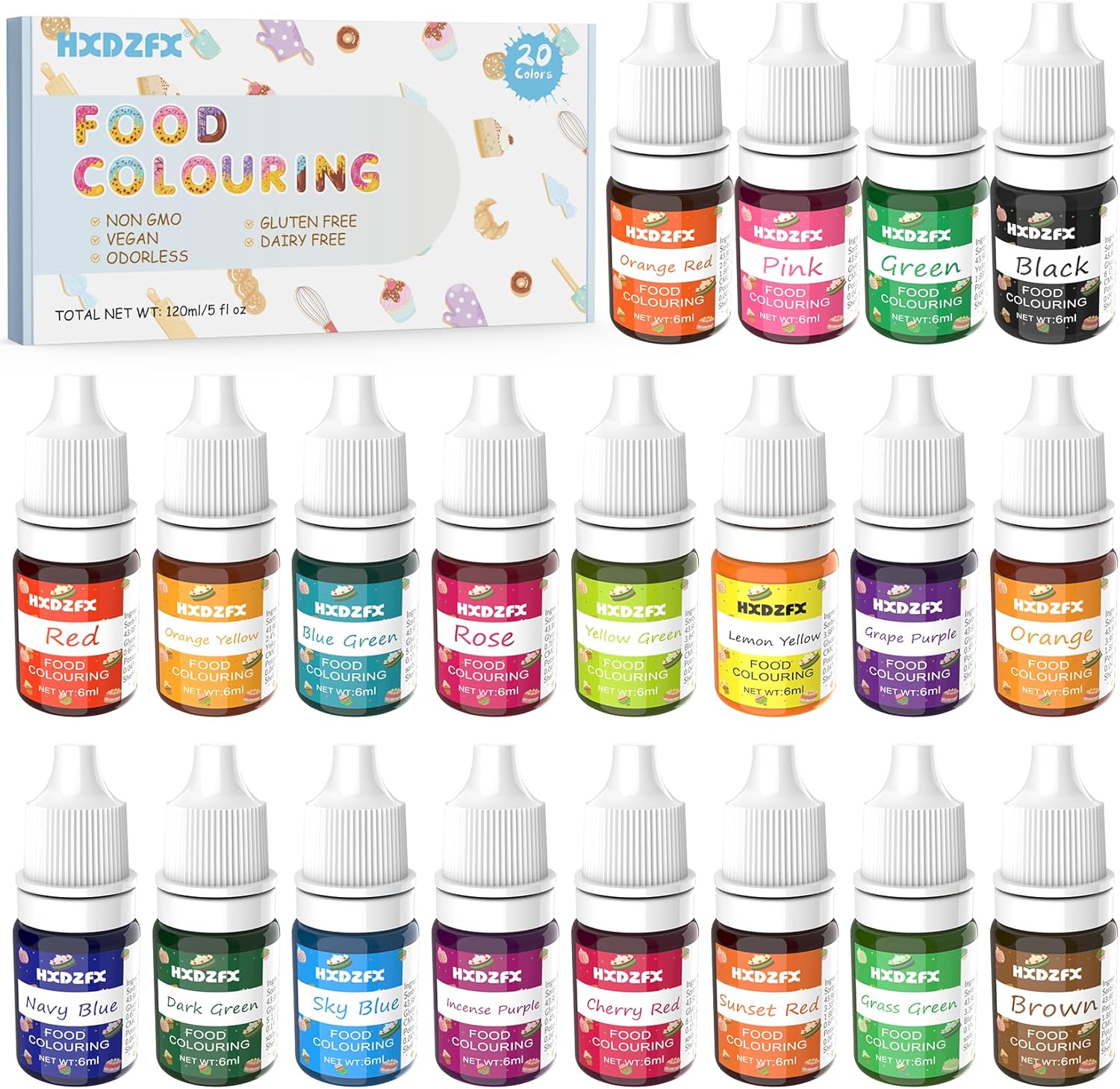 HXDZFX Food Colouring - 20 Colours x 6ml Food Dye Concentrated Liquid Cake Food...