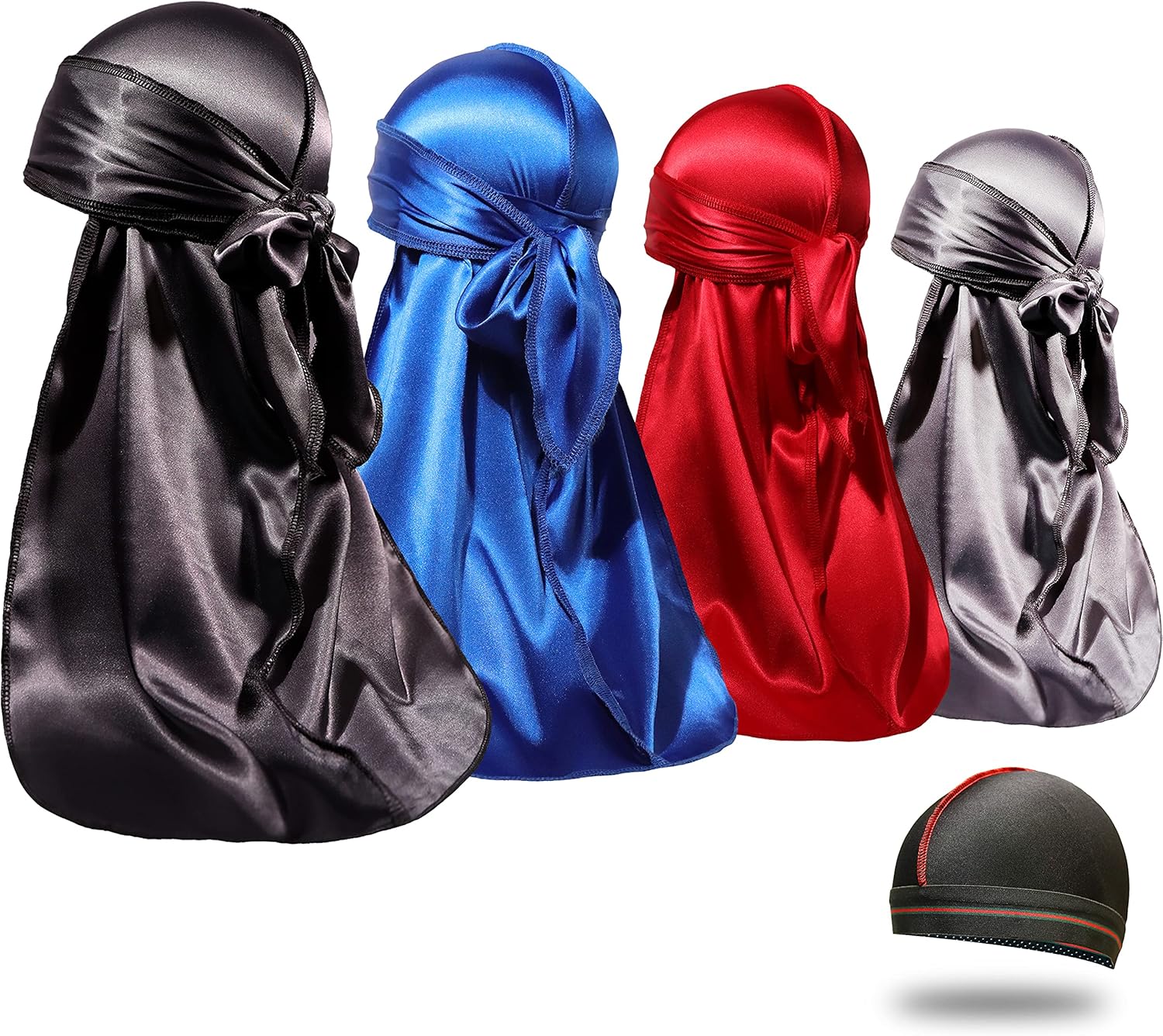 4PCS Silky Durags for Men Women 360 Waves with 1 Wave Cap, Silky Satin Durag Ext...