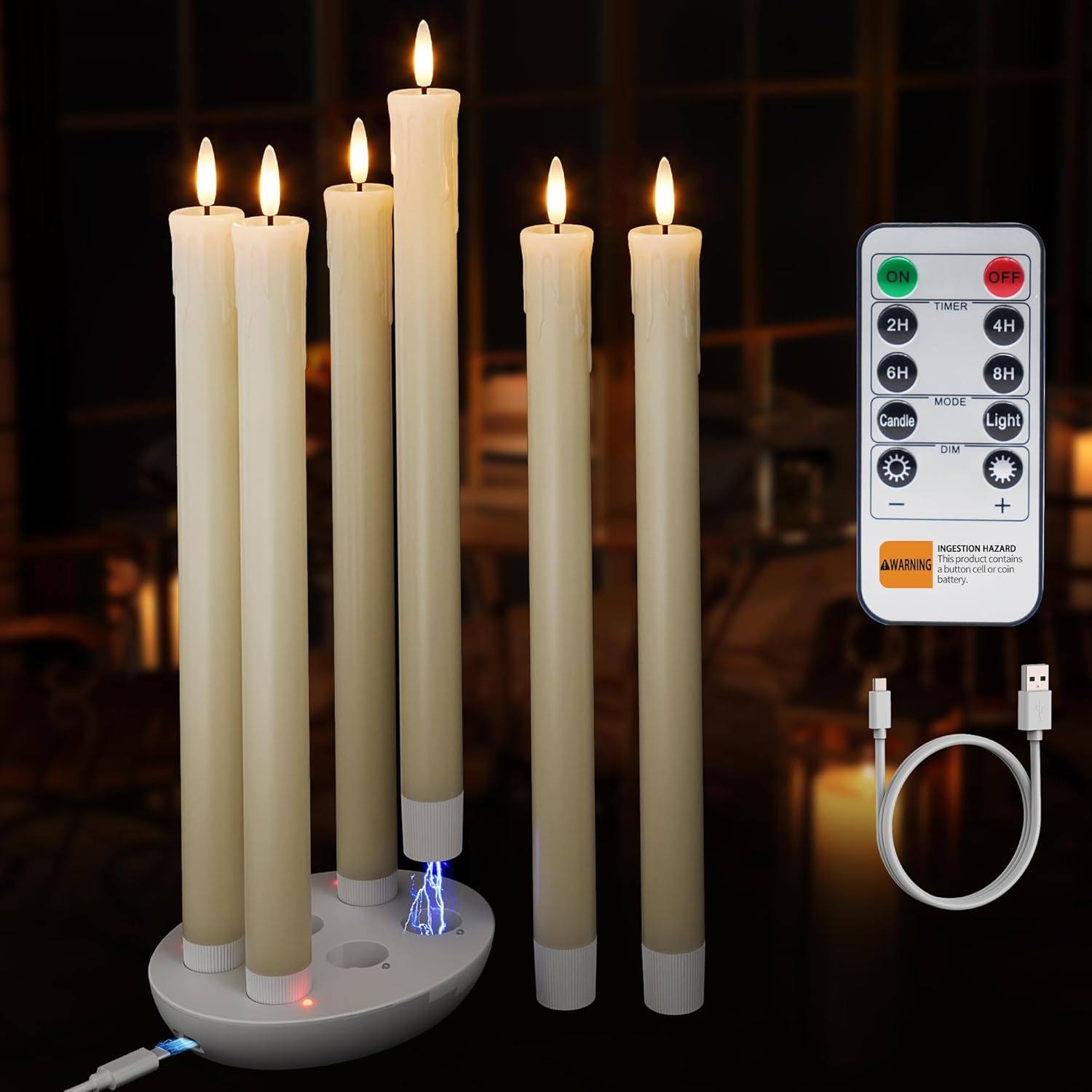 6 Pcs Rechargeable Flameless Taper Candles with Charging Station, Real Wax LED T...