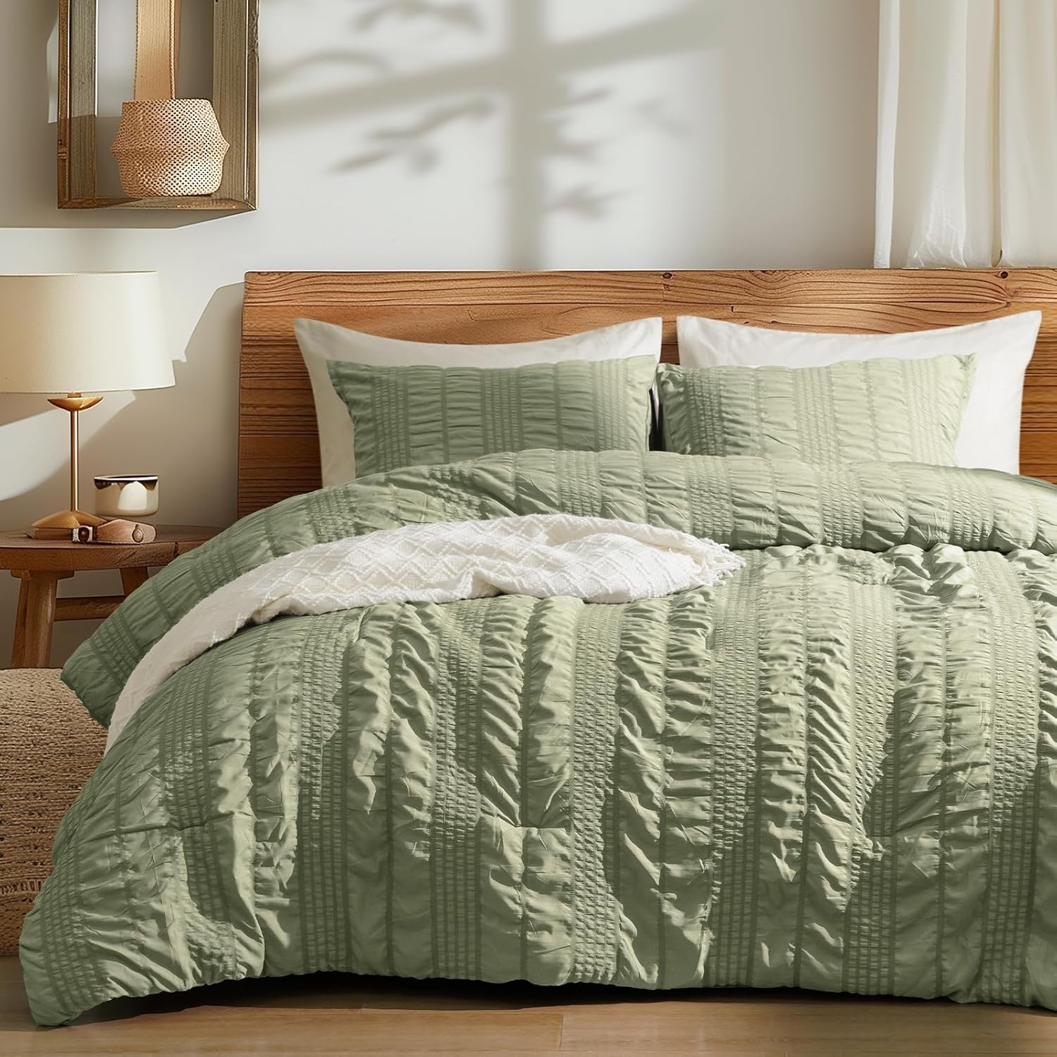 PHF Seersucker Olive Green Queen Size Comforter Set, 3 Pieces Summer Bed in a Ba...