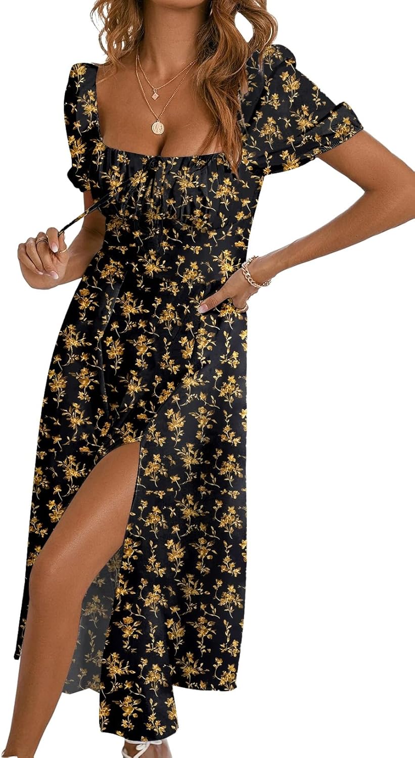 BLENCOT Casual Womens Summer Short Sleeve Square Neck Split Midi Dresses Large P...