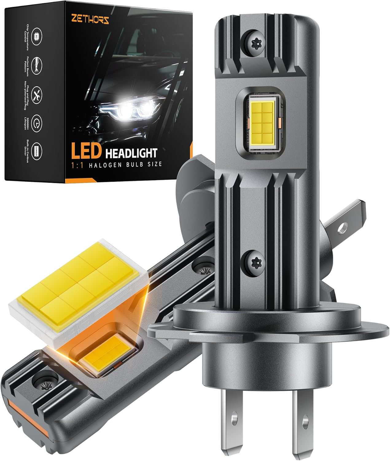 Zethors H7 LED Headlight Bulbs with 16 CSP Chips-60W 14000LM 6000K for High/Low...