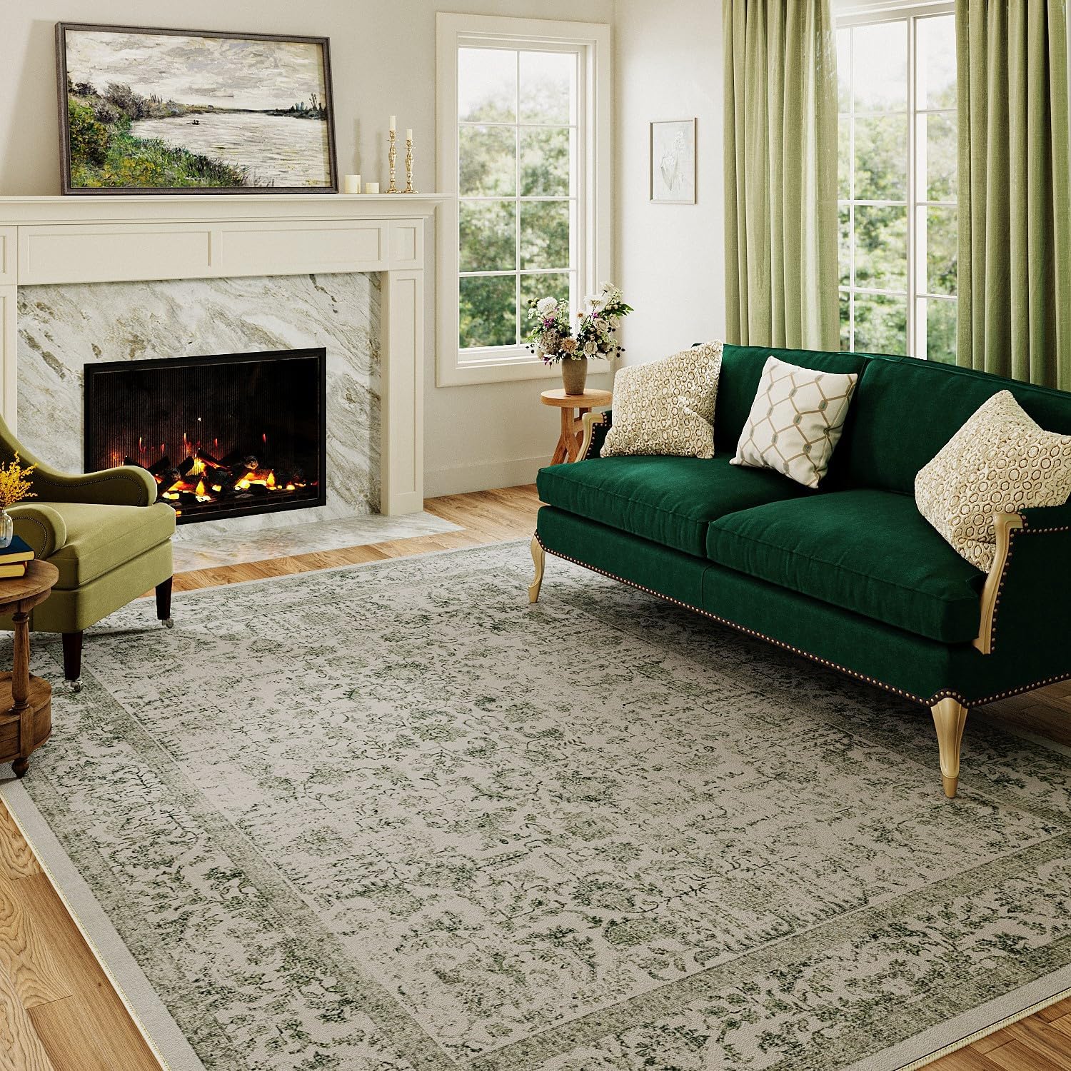 Green Area Rug 8x10 Machine Washable Large Vintage Living Room Distressed Non Sl...