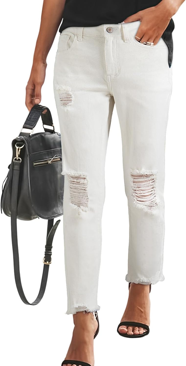 Sidefeel Women's Boyfriend Jeans Stretchy Ripped Distressed Zimbaplatinum Denim...