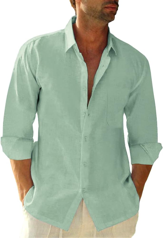 Button Down Linen Shirts for Men Casual Long Sleeve Regular Fit Cotton Beach Shi...