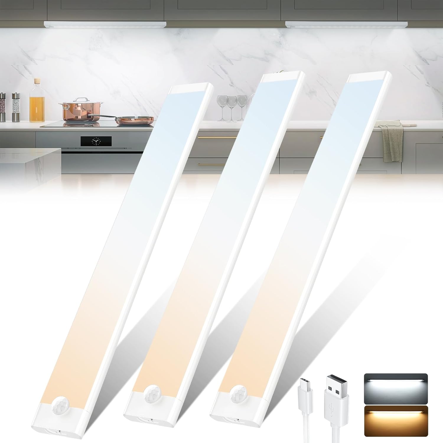 Under Cabinet Kitchen Lights, 30cm 72 LED 2000mAh USB-C Rechargeable Motion Sens...