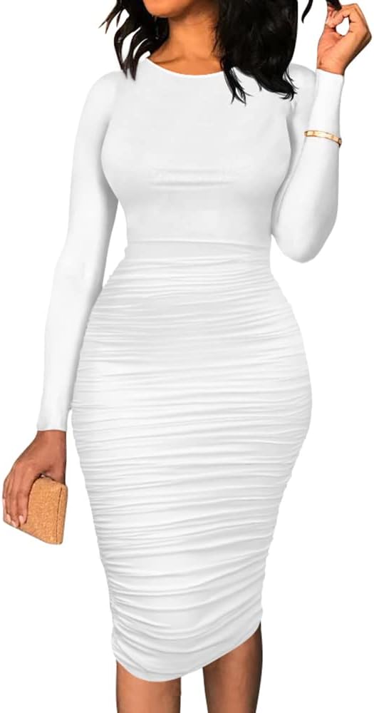 BEAGIMEG Women's Ruched Long Sleeve Elegant Bodycon Basic Casual Midi Dress Larg...