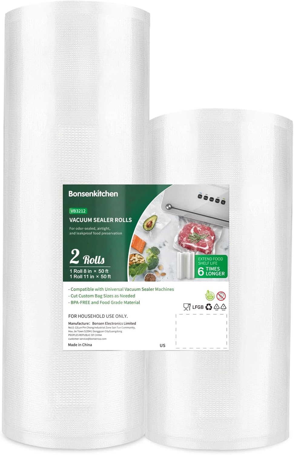Bonsenkitchen Vacuum Food Sealer Rolls Bags, 8" x 50' & 11" x 50' Commercial Gra...