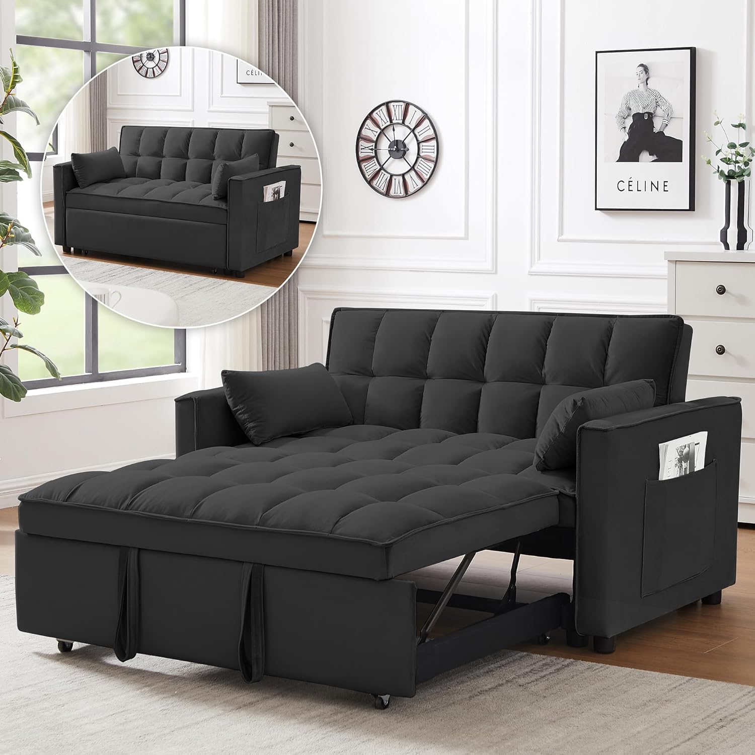 3 in 1 Convertible Sleeper Sofa Bed, Futon Couches for Living Room with Side Poc...