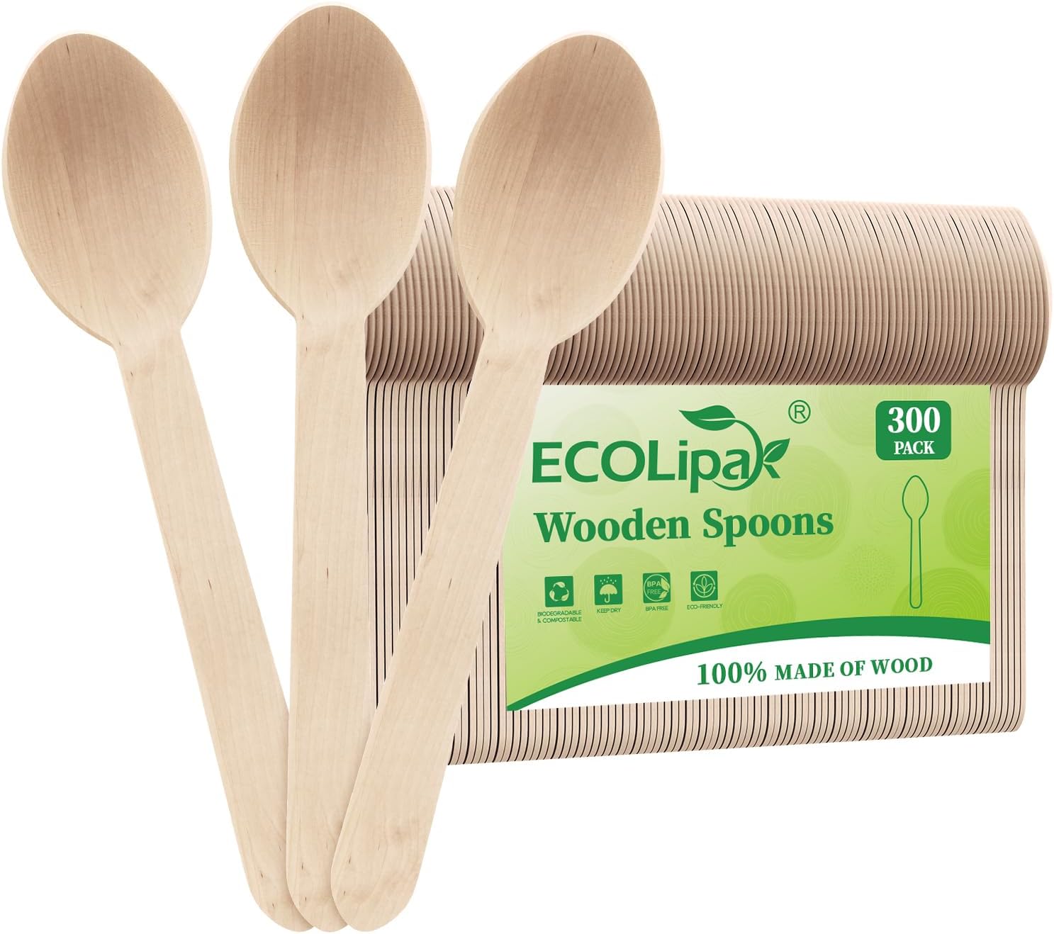 ECOLipak 300 Count Wooden Disposable Spoons, Compostable Wooden Spoons for Party...