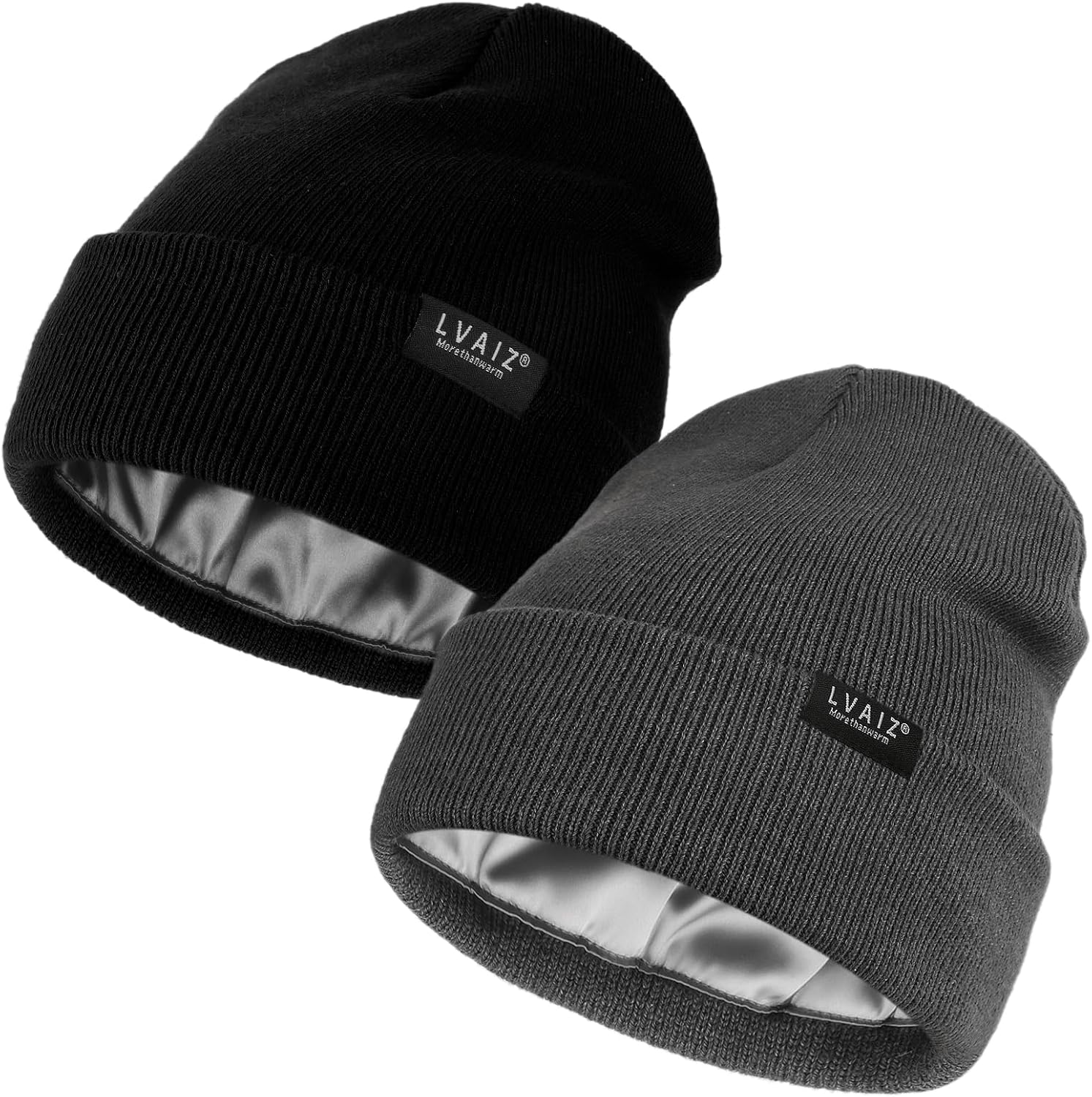 2 Pack Satin Lined Beanie Hats for Men Women Winter Warm Knitted Cuffed Silk Lin...