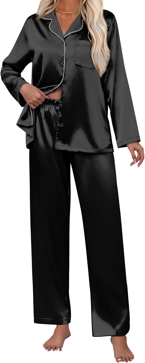 Ekouaer Pajamas For Women Set Silk Pjs 2 Piece Satin Sleepwear Long Sleeve Butto...