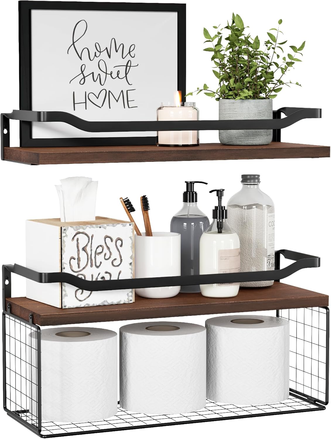 WOPITUES Floating Shelves with Wire Storage Basket, Bathroom Shelves Over Toilet...