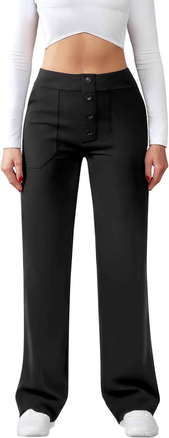 Womens Casual High Waist Straight Leg Pants Stretchy Button Business Dress Work...