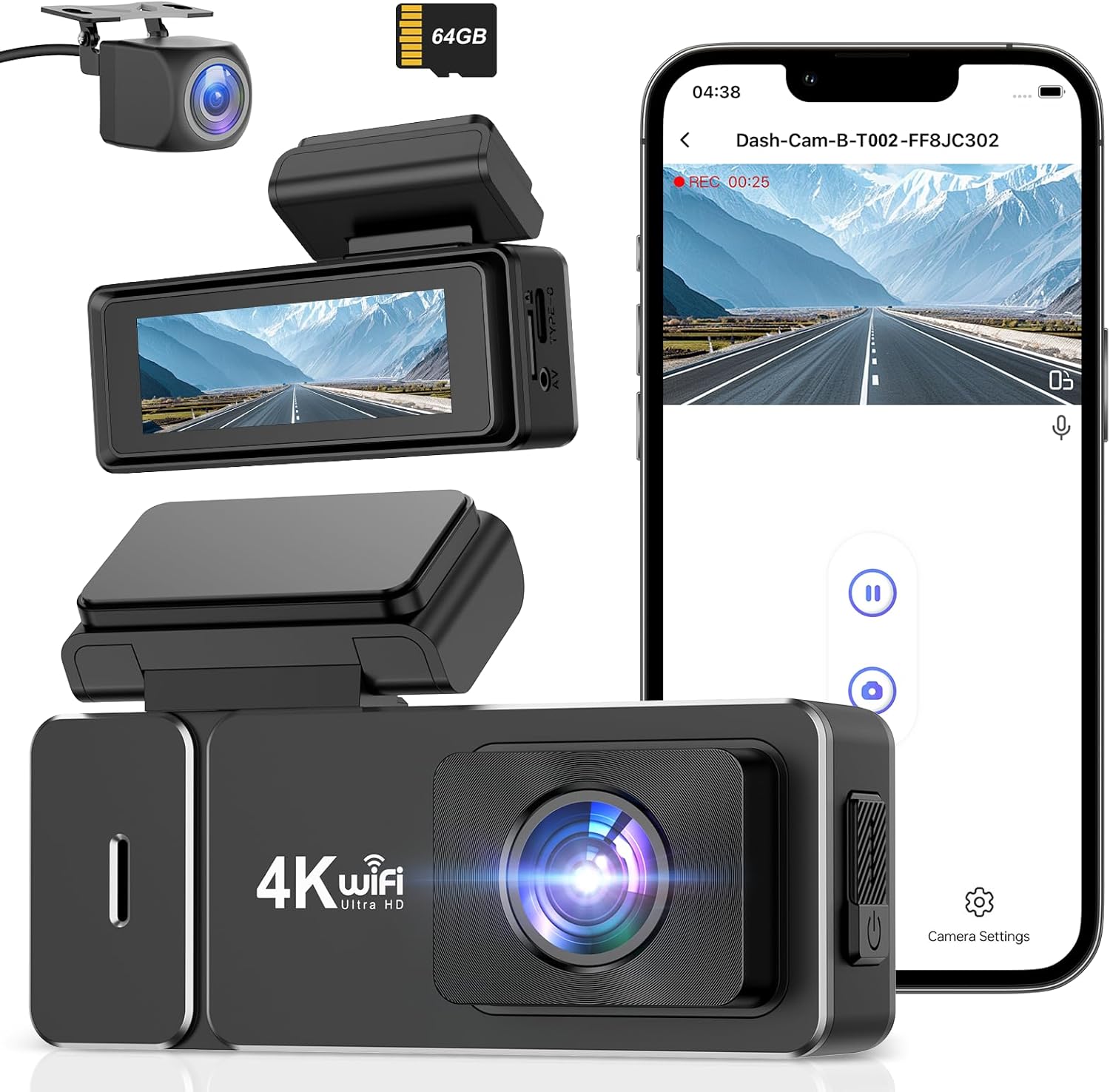 Dash Cam Front and Rear 4k+1080P, CHORTAU WiFi Dual Dash Cam with APP, 2.99’’ IP...