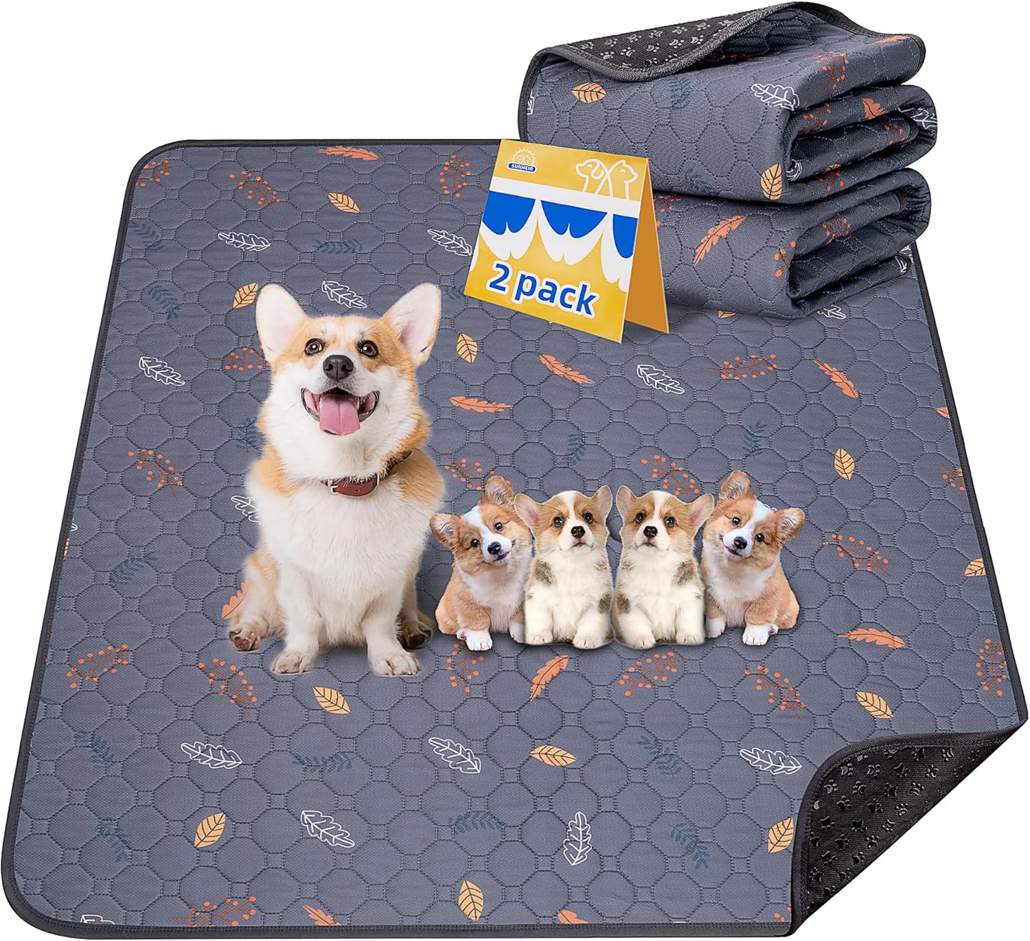 Washable Pee Pads for Dogs - 2 Pack Puppy Pads with Super Absorbent, Non-Slip, R...