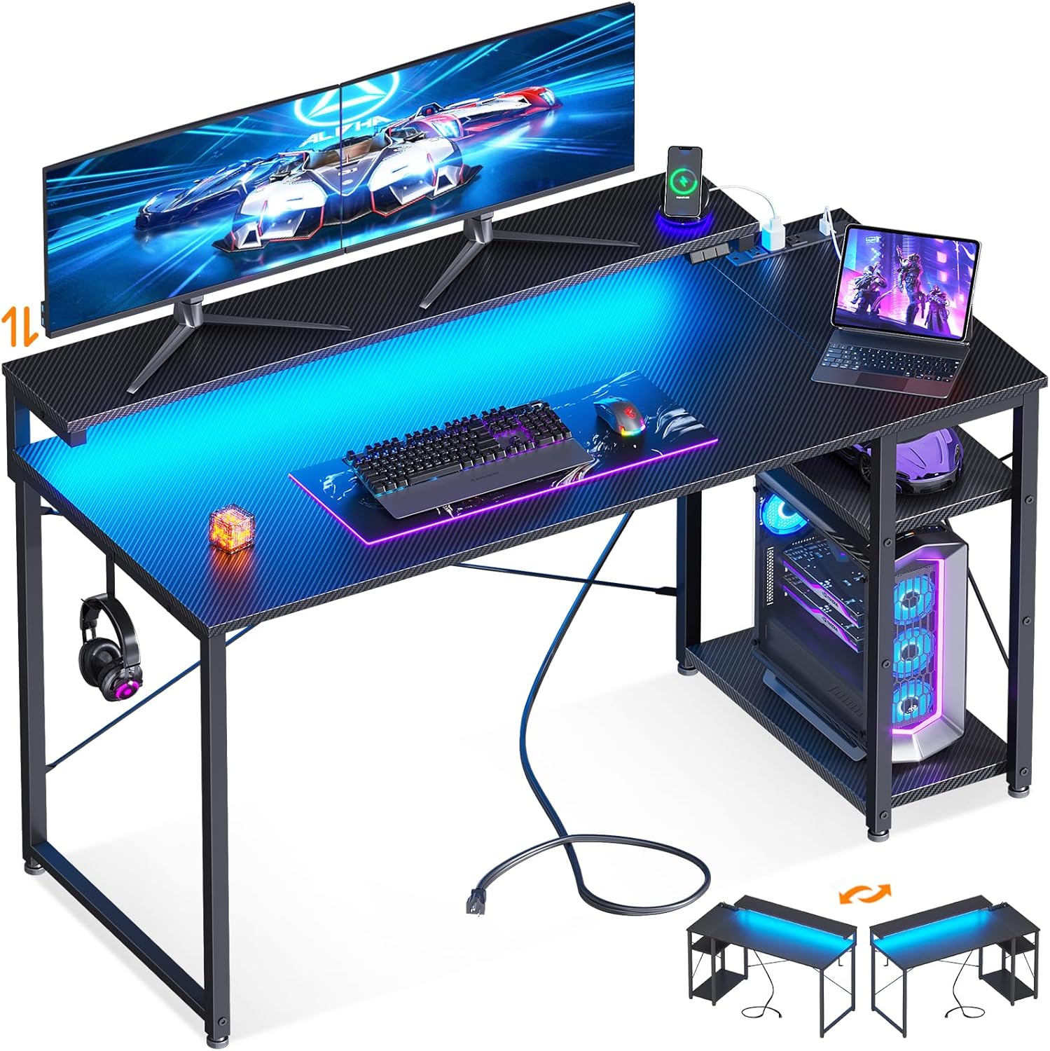MOTPK Gaming Desk with Led Lights & Power Outlet, 47 Inch Gaming Computer Desk w...