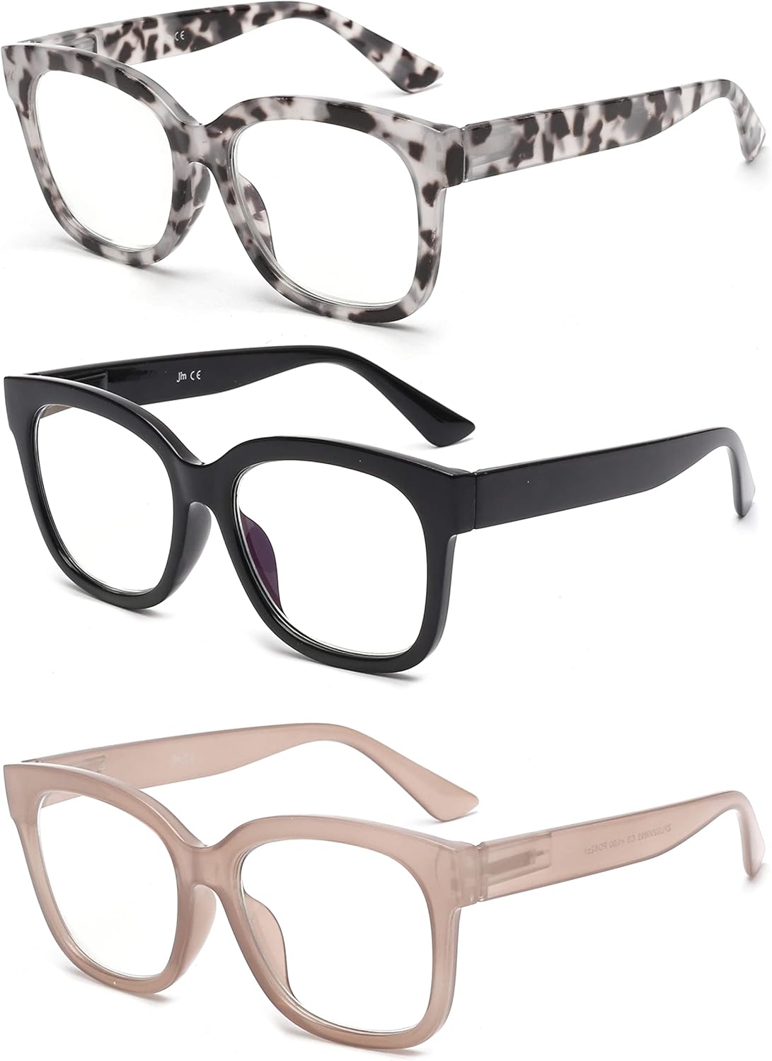 JM 3 Pack Oversized Reading Glasses for Women Large Square Blue Light Blocking C...