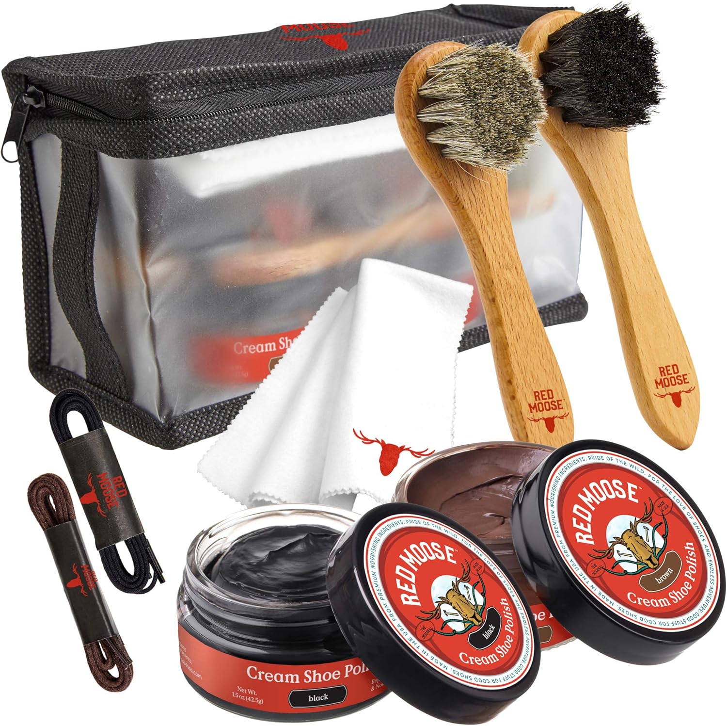 RED MOOSE 8pc Black and Brown Shoe/Boot Cleaning Kit – Polish, Brushes, Cloth, C...