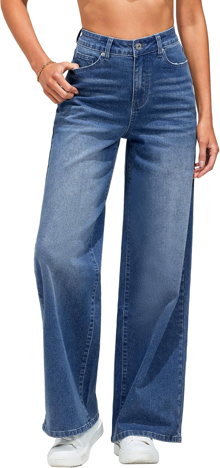 GRAPENT Wide Leg Jeans for Women Trendy High Waisted Stretchy Denim Pants 90s Ba...