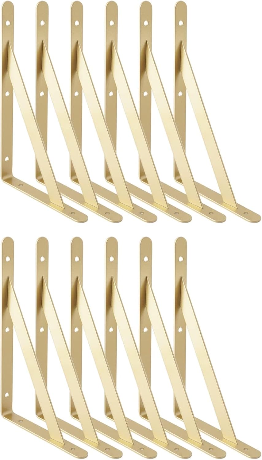 12 Pcs Gold Shelf Brackets Triangle Shelving Brackets Right Angle Wall Mounted S...