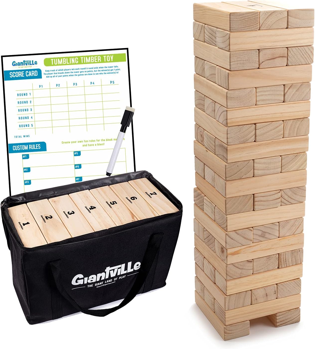 Giantville Giant Tumbling Timber Toy - Premium Pine Wood Life-Size Blocks Tower...