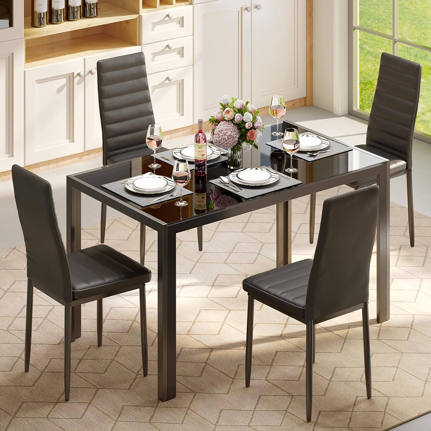 Gizoon 5 Piece Glass Dining Table Set, Kitchen and Chairs for 4, PU Leather Mode...