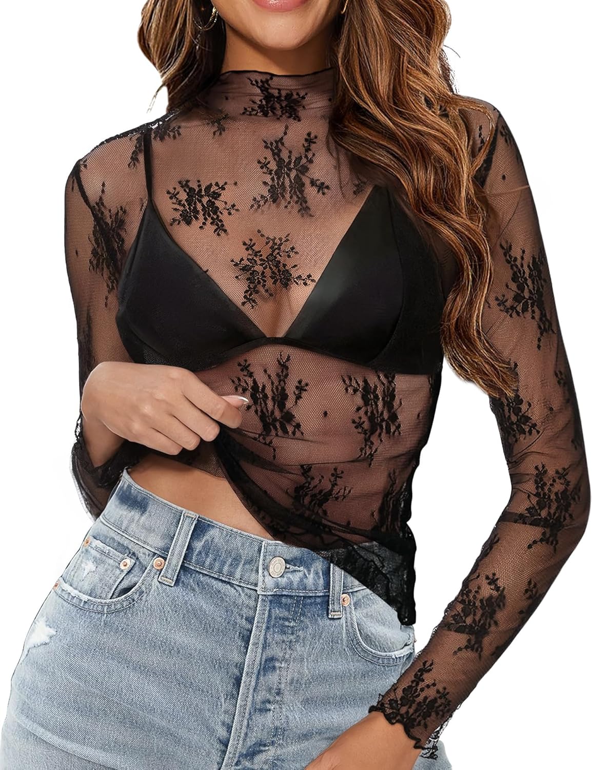 Buauty Mesh Long Sleeve Top for Women, Lace Sheer Tops See Through Mock Neck Flo...