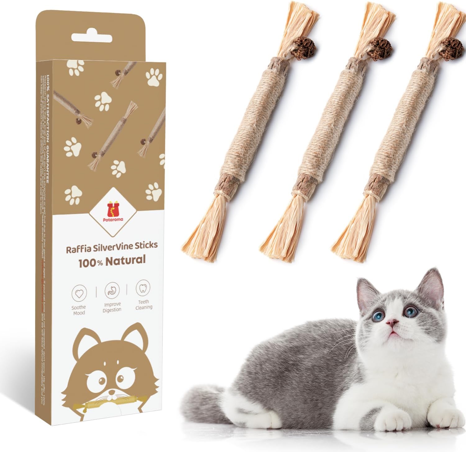 Potaroma 3 Pack Natural Silvervine Sticks Cat Toys, Catmint Silvervine Blend Sti...