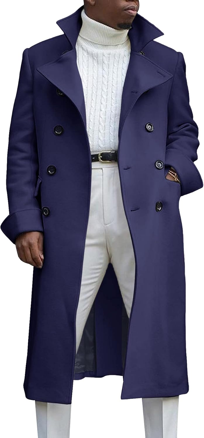Ebifin Men's Notch Lapel Double Breasted Long Trench Coat Casual Cotton Blend Pe...