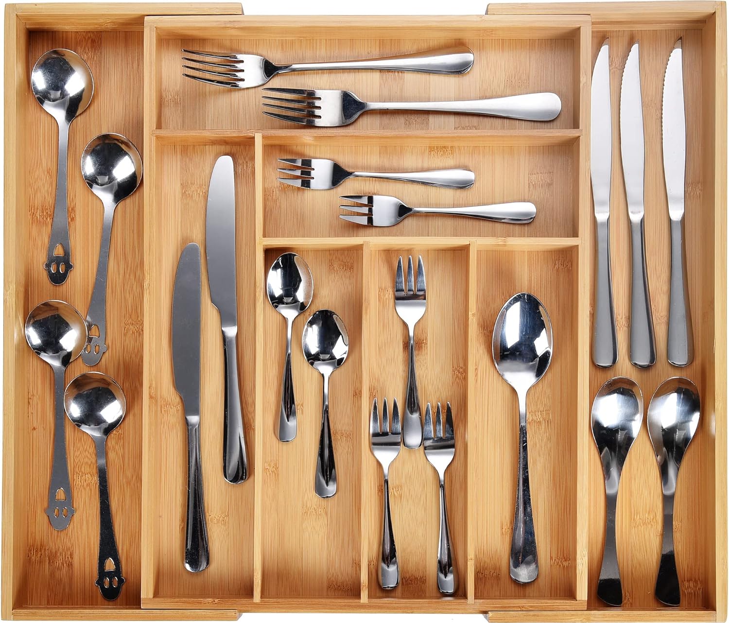 Harcas Bamboo Cutlery Tray. 6-8 Compartment Utensil Holder for Kitchen Drawer. L...