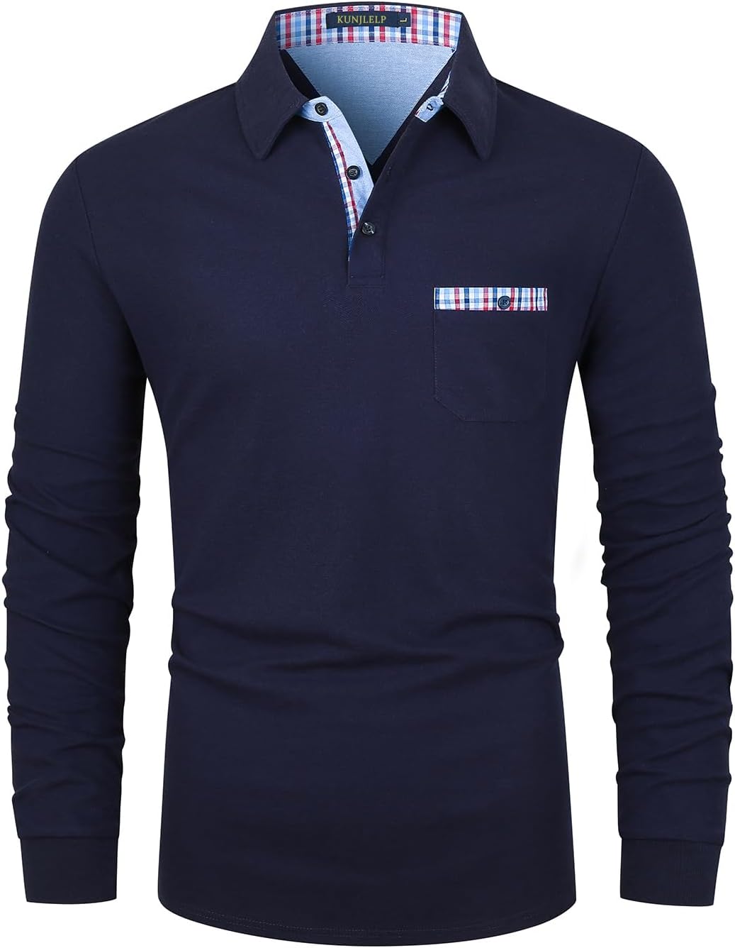KUNJLELP Men's Premium Long Sleeve Polo Shirt Casual Cotton T-Shirt with Real Po...