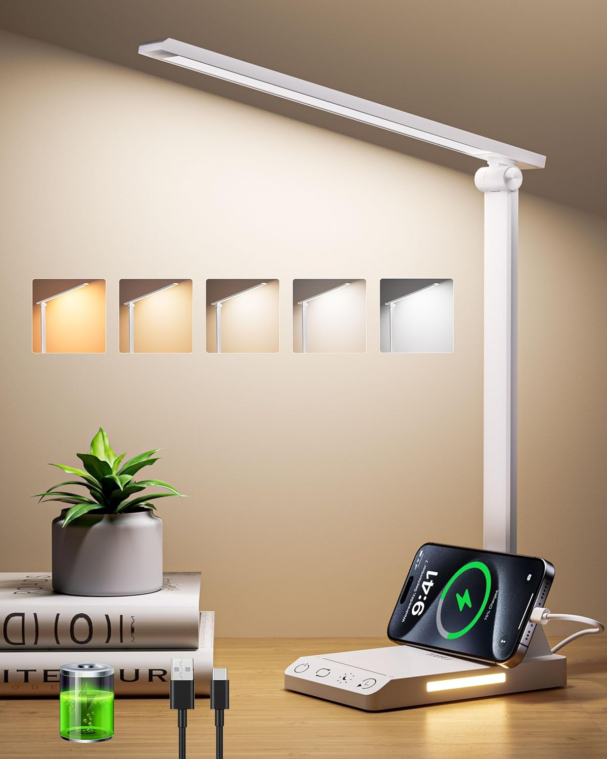 TOPPLEE Desk Lamp, 5 Color Temperature Rechargeable Battery Operated LED Lamp St...