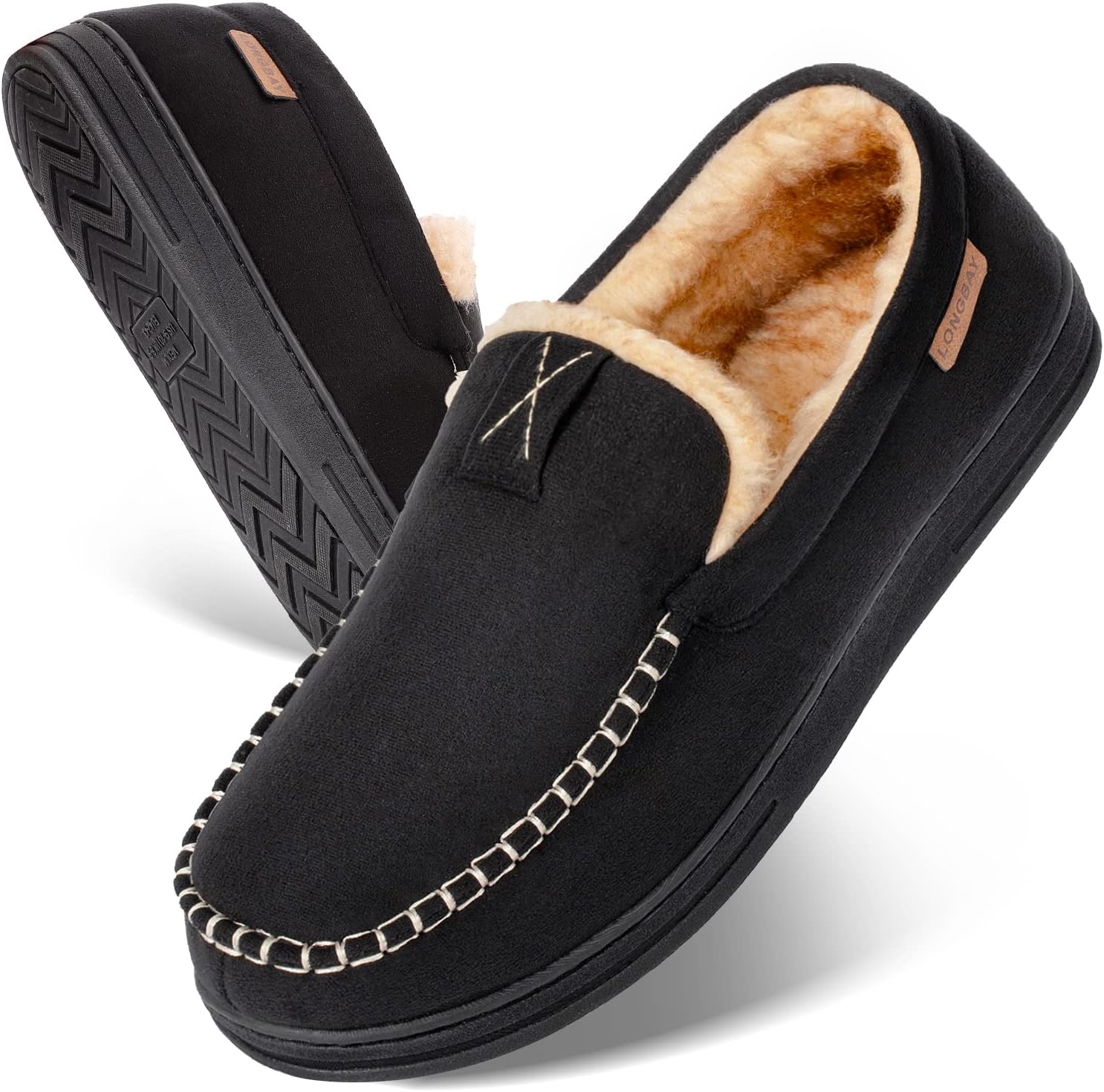 LongBay Men's Comfort Moccasin Slippers Memory Foam Warm Fluffy Faux Fur House S...