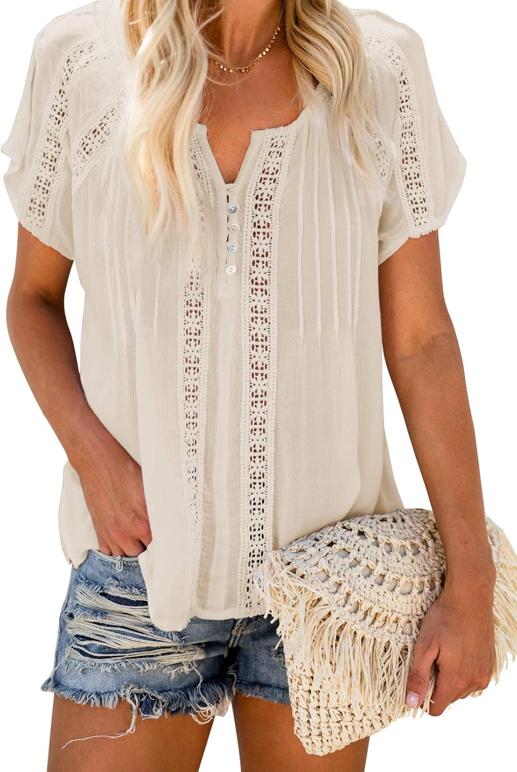 Dokotoo Women's V Neck Lace Crochet Eyelet Tops Short Sleeve Casual Shirts Blous...