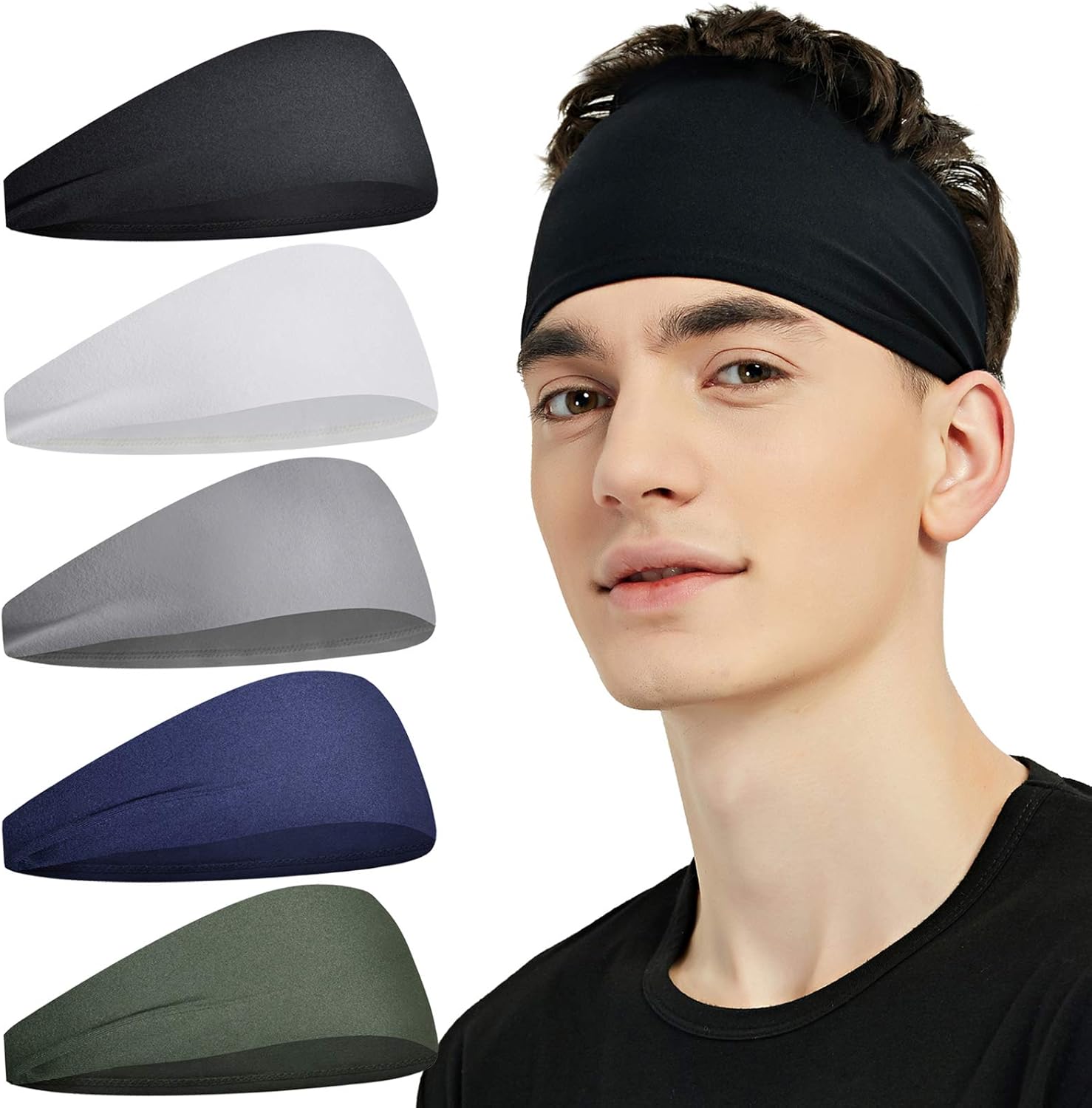 Sports Headbands for Men (5 Pack),Moisture Wicking Workout Headband, Sweatband H...