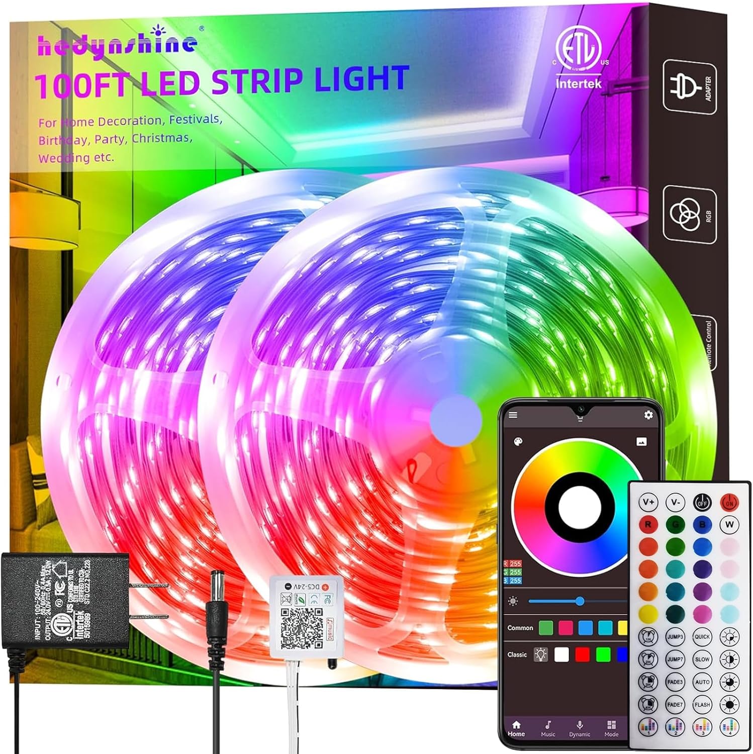 HEDYNSHINE 100Ft Smart LED Strip Lights, Dimmable Color Changing by APP and 40Ke...