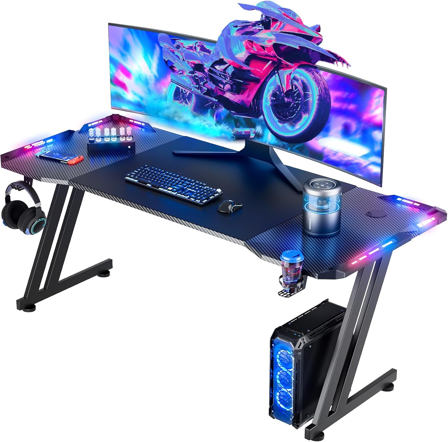 HLDIRECT 63 Inch Gaming Desk with LED Lights Carbon Fibre Surface Gaming Table L...