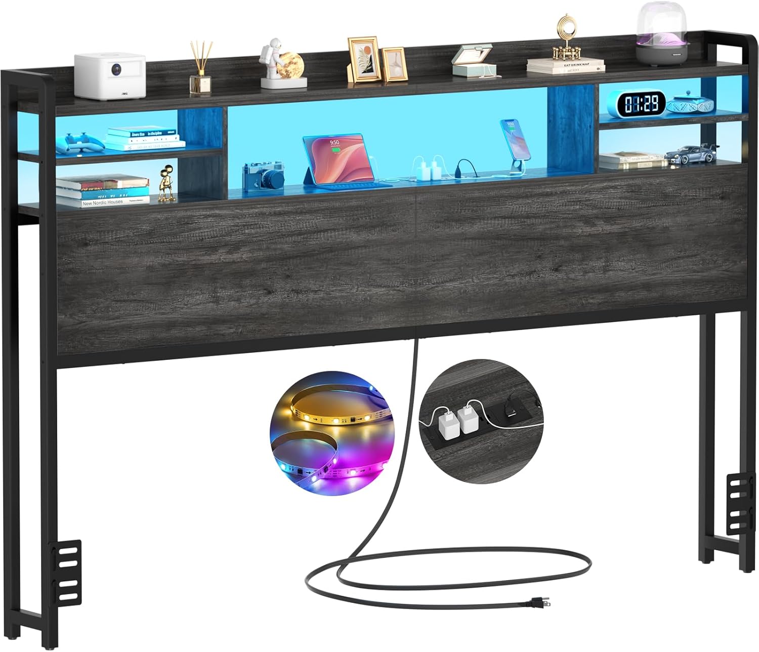 Aheaplus Headboard for Queen Size Bed with Storage, Headboards with LED Light, P...