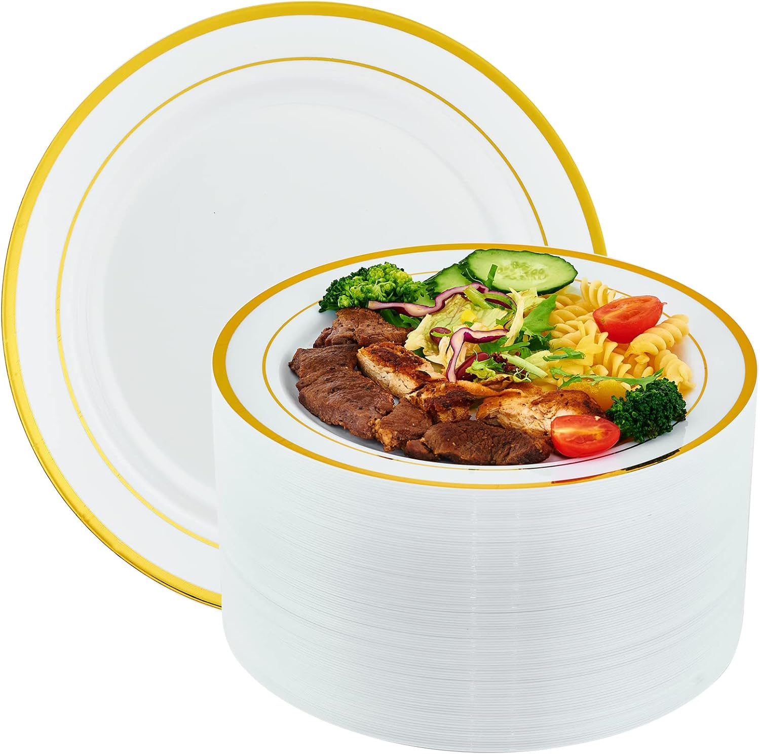 Vplus 100 Piece Gold Plastic Christmas Plates Disposable, 10 Inch White Plates w...