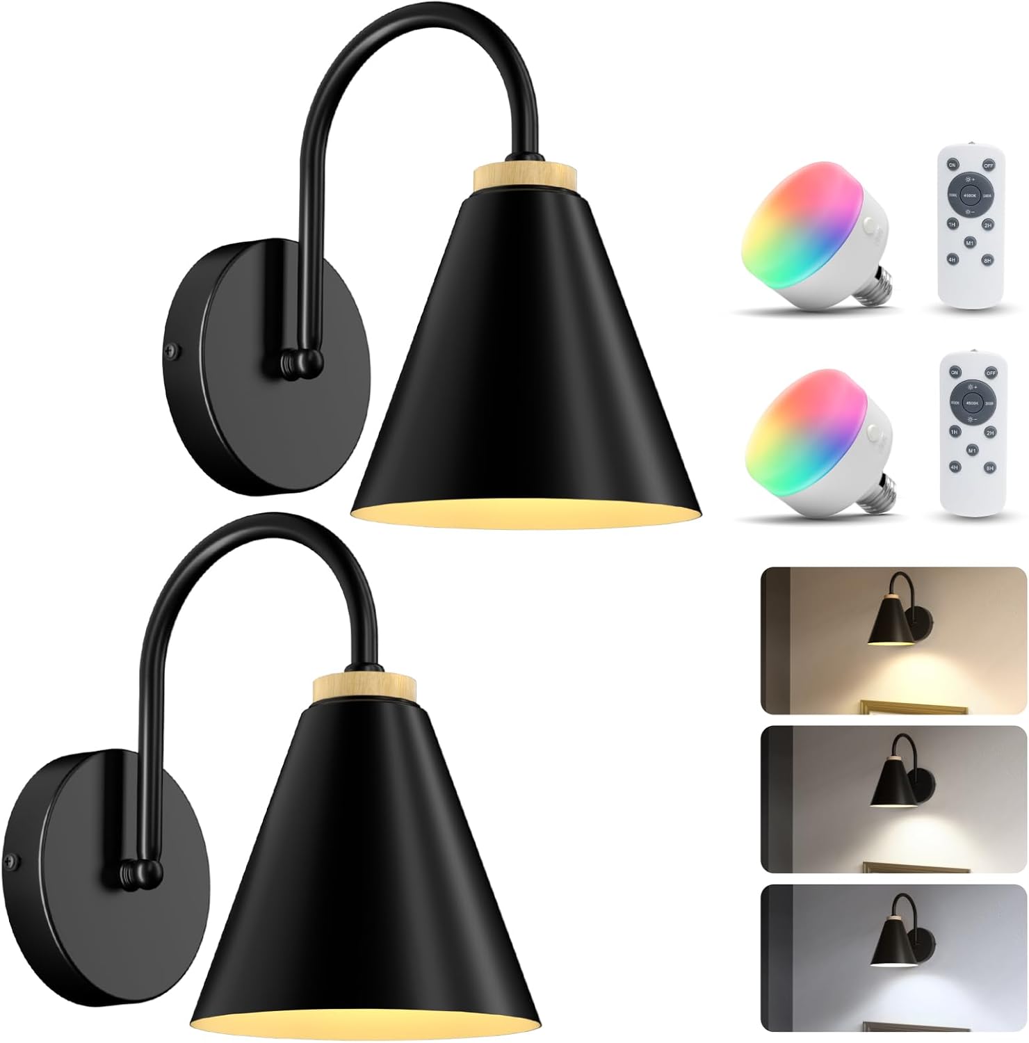 NIORSUN Battery Operated Wall Sconce Set of 2,3 Color Rechargeable Wall Lights w...