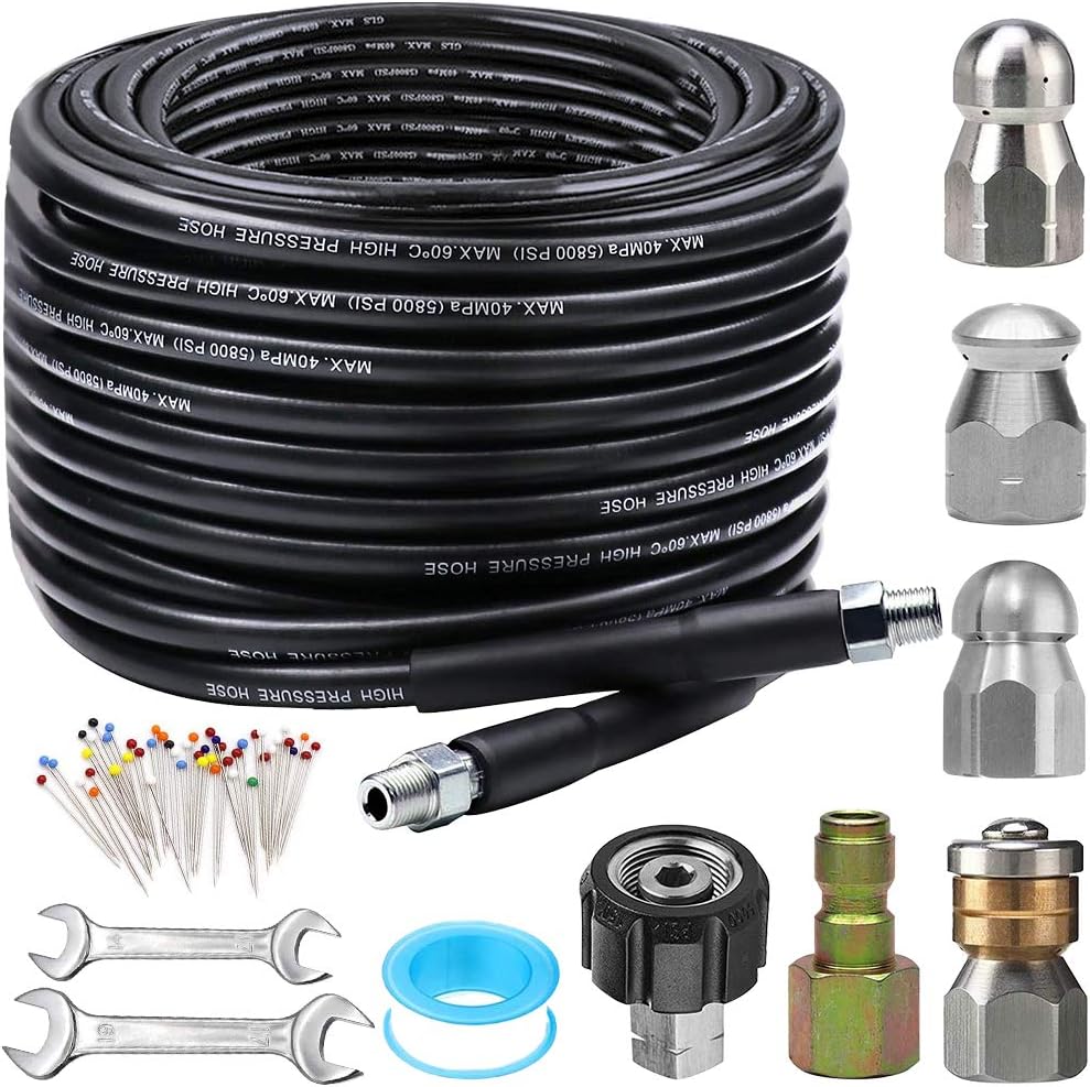 Sewer Jetter Kit for Pressure Washer 100FT, 5800PSI Drain Cleaner Hose 1/4 Inch...