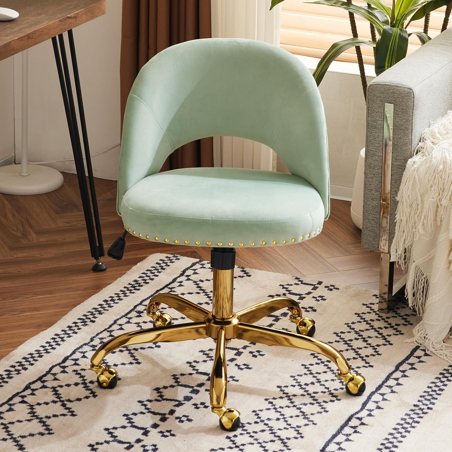 VINGLI Modern Velvet Small Office Chair,Cute Desk Chair with Wheels,Gold Base/St...